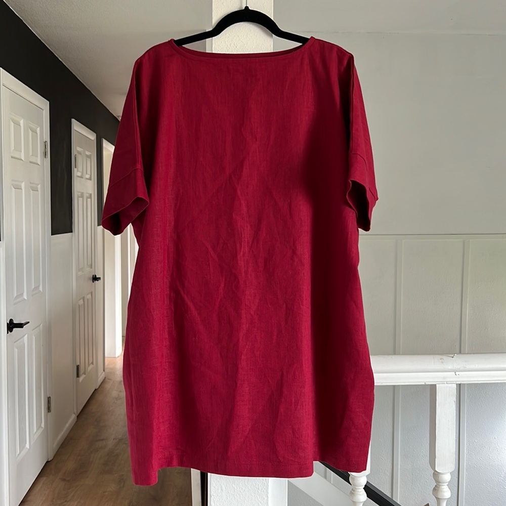 Old linen mill red burgundy wine dress short sleeve with pockets XS/S oversized